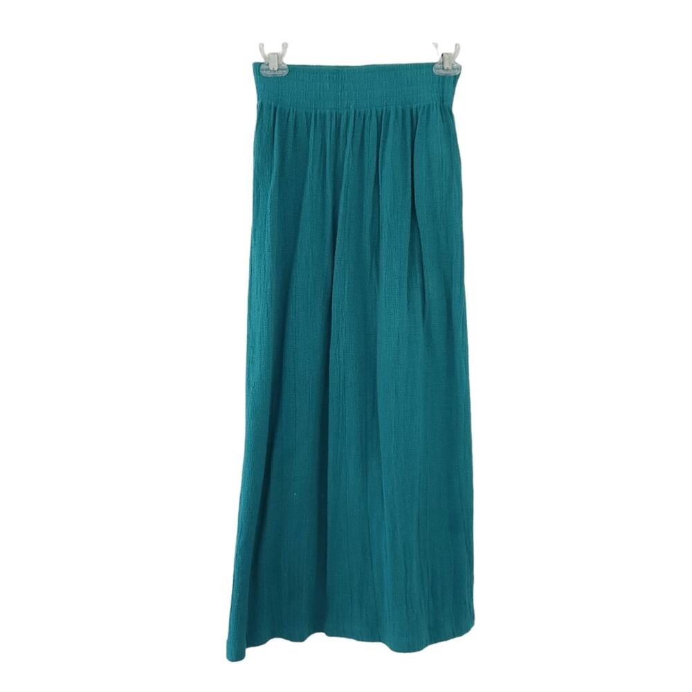 Vintage Norma Kamali Midi Skirt Small Teal Blue Elastic Waist, Made in USA